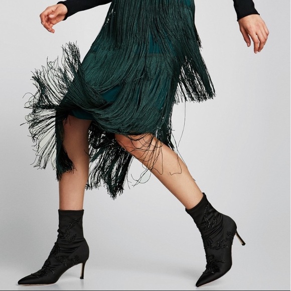 Zara Basics Black Satin Beaded Booties Boots - Picture 2 of 14